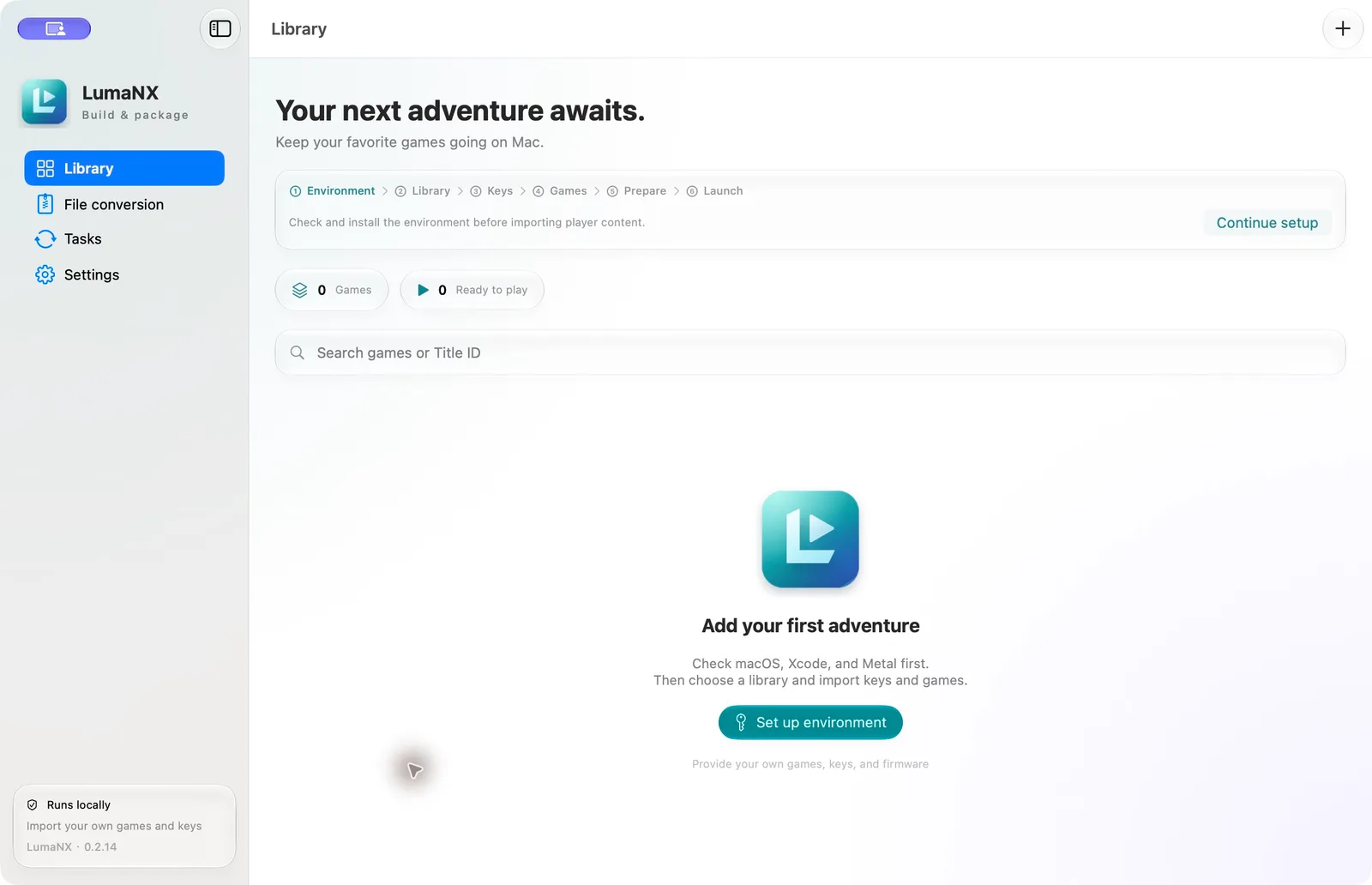 LumaNX's game library in light appearance with an empty test library