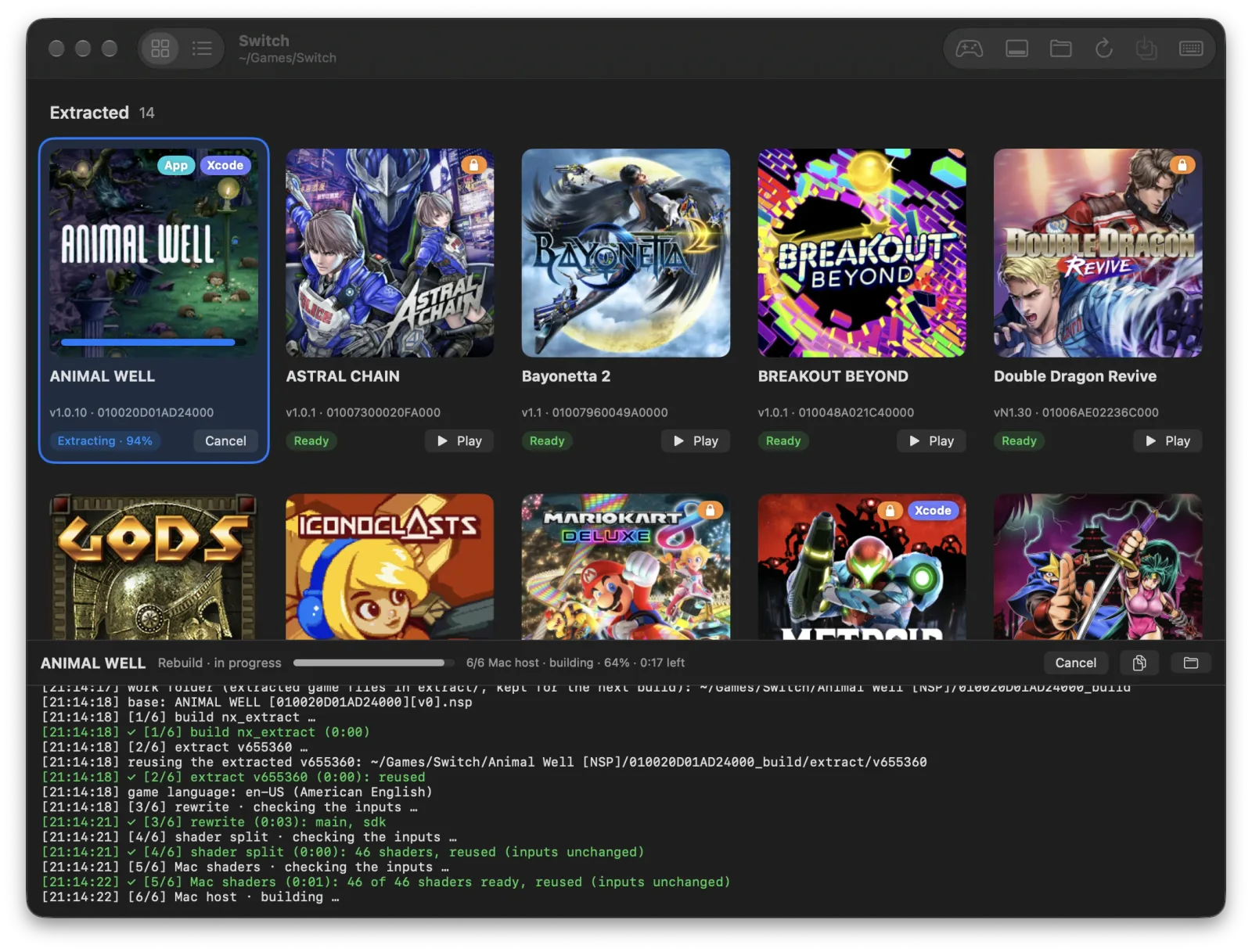 NX Play's library with a game being rebuilt and the build output below