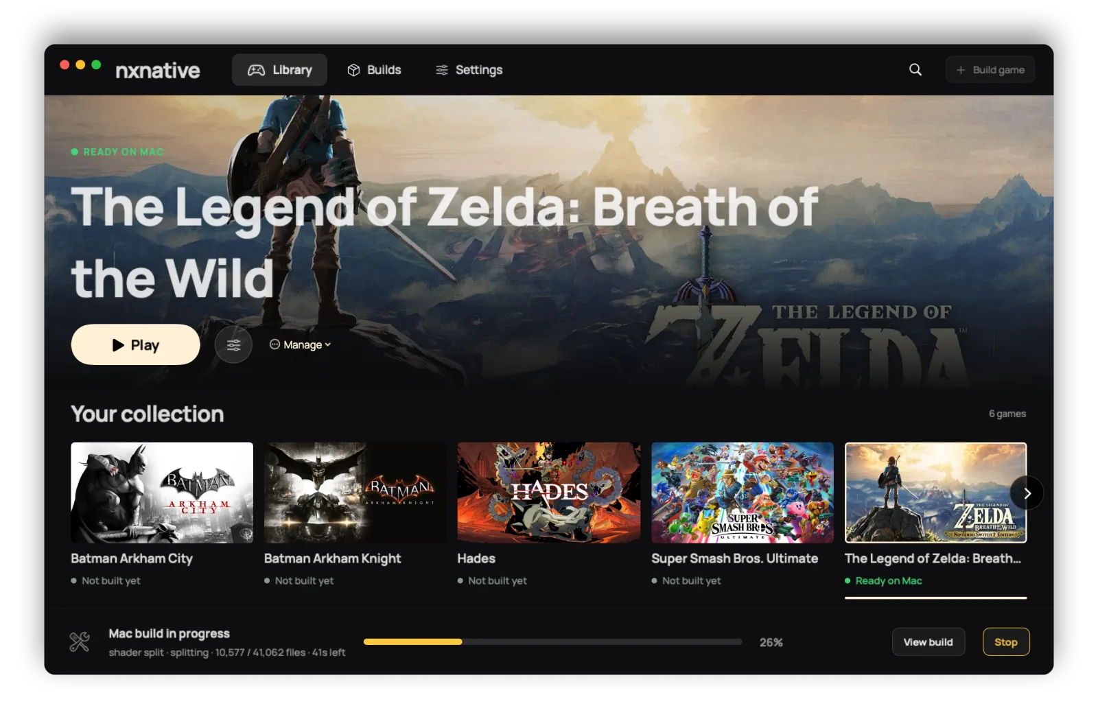 NX2Apple's launcher showing a library of built games with one build in progress