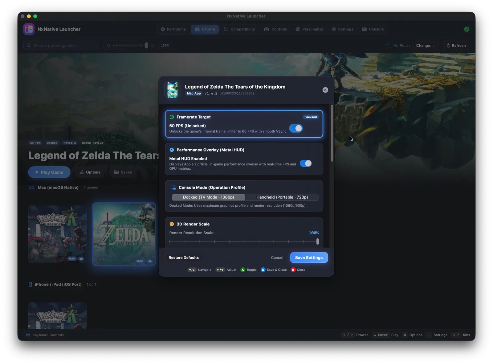 NxNative Launcher's library showing a game's details and its 60 fps option